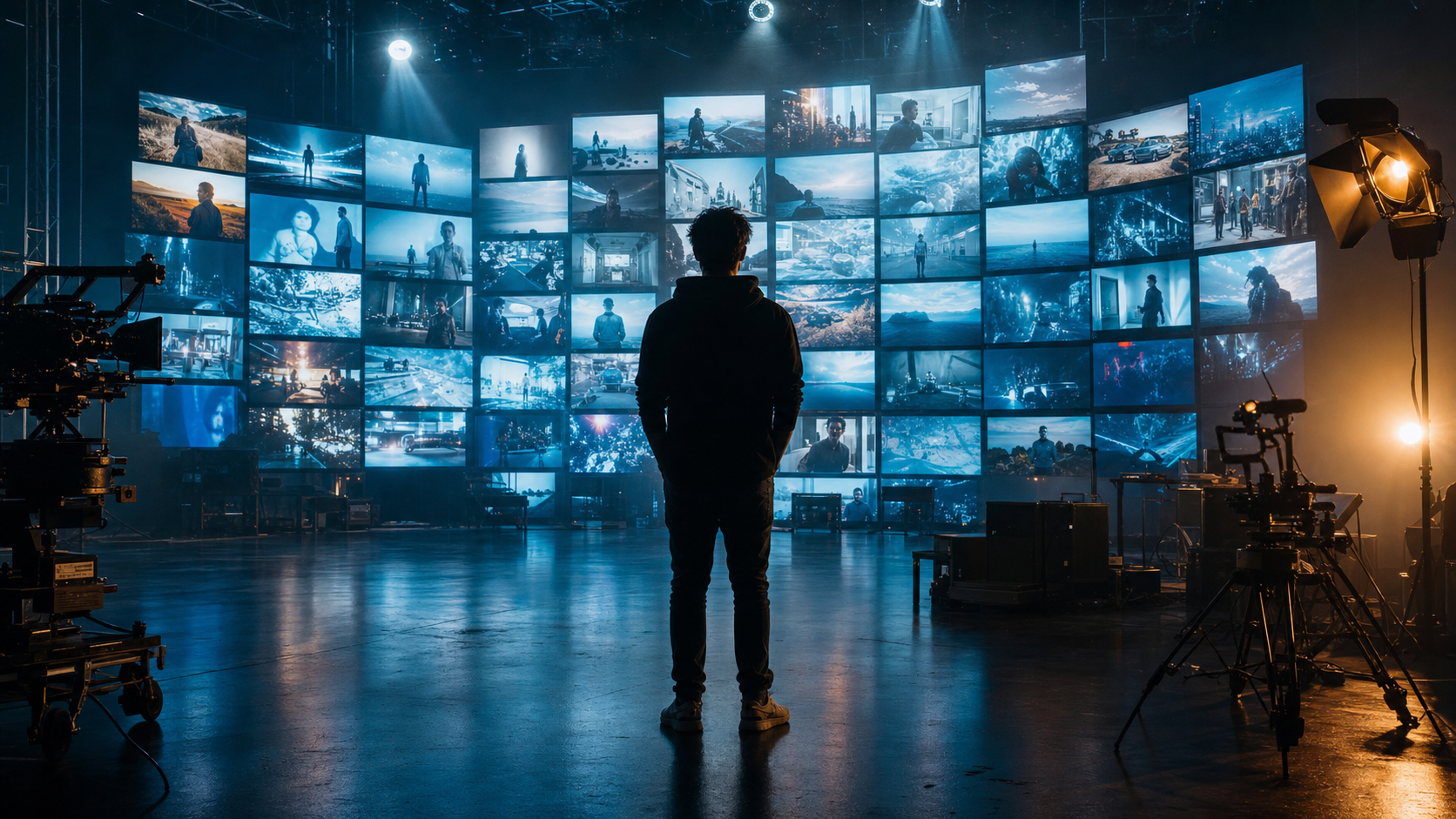 Content creator at a dark studio editing footage